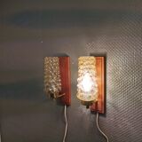 Pair of wall lamps, in teak, brass and bubble glass, Danish, from the 50-60s