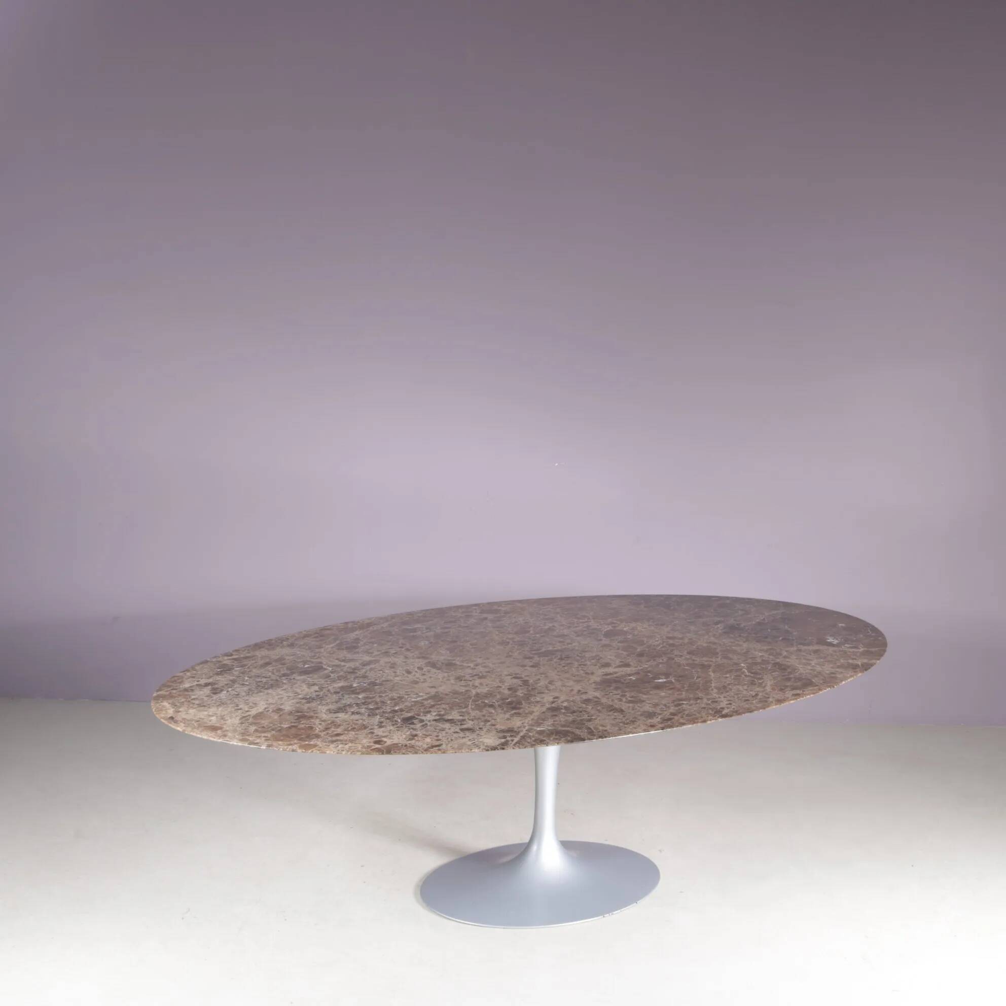 1970s XL oval Tulip table with brown marble top and matte silver oval base / Eero Saarinen / Knoll, USA