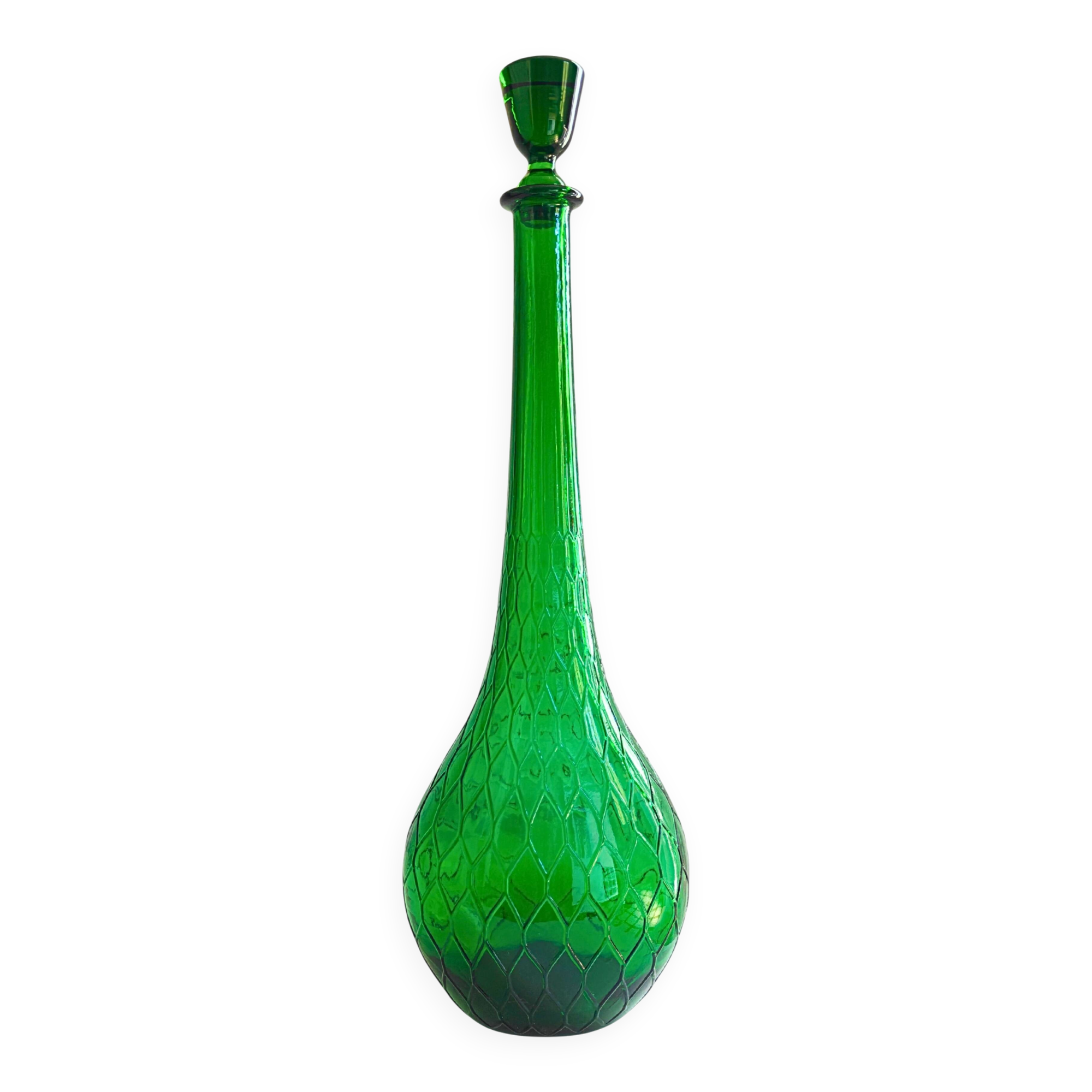 Italian carafe Empoli in iridescent green with diamond pattern.