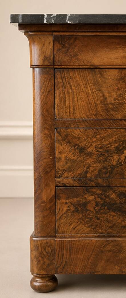 Louis-Philippe commode in Walnut Burl, mid-19th century.