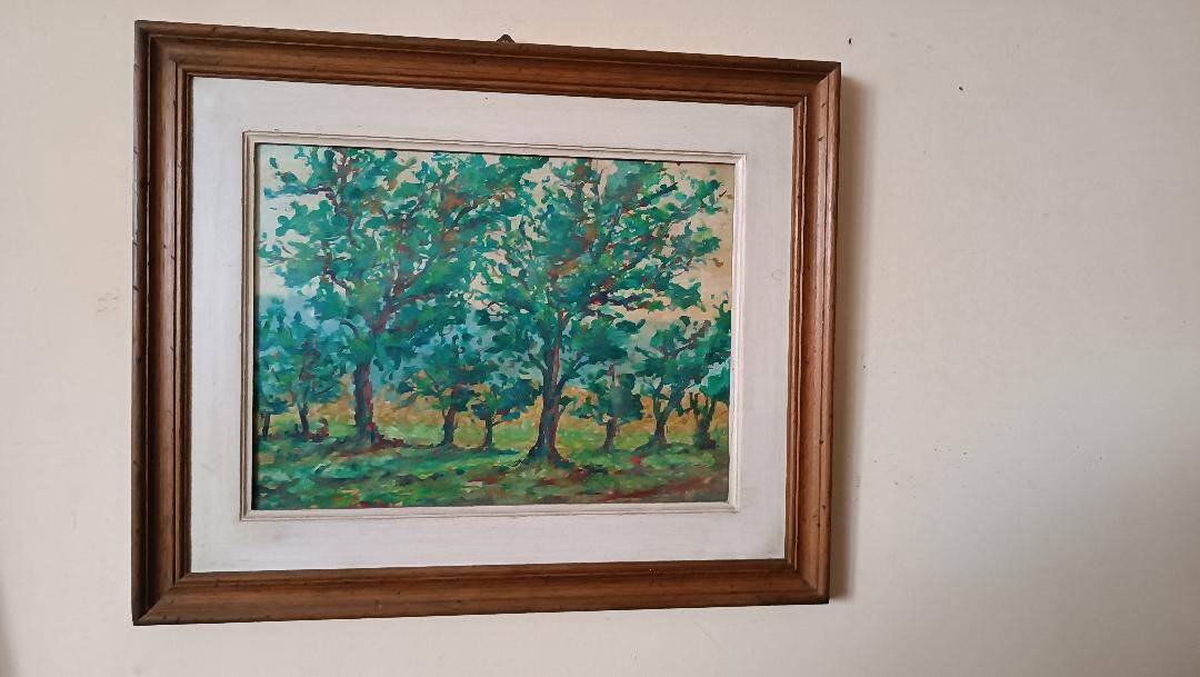 Peinture à l'huile sur panneau isorel paysage boisé signée et datée