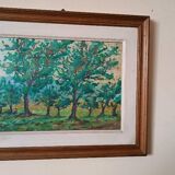 Peinture à l'huile sur panneau isorel paysage boisé signée et datée