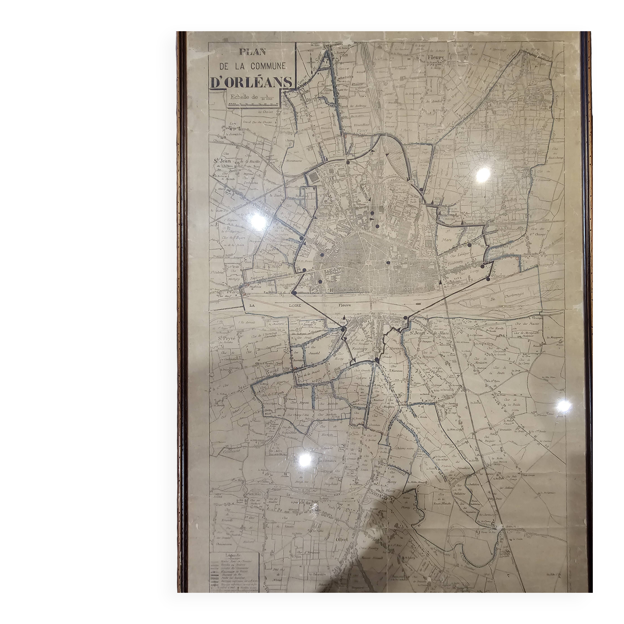 Old map of Orléans under glass frame
