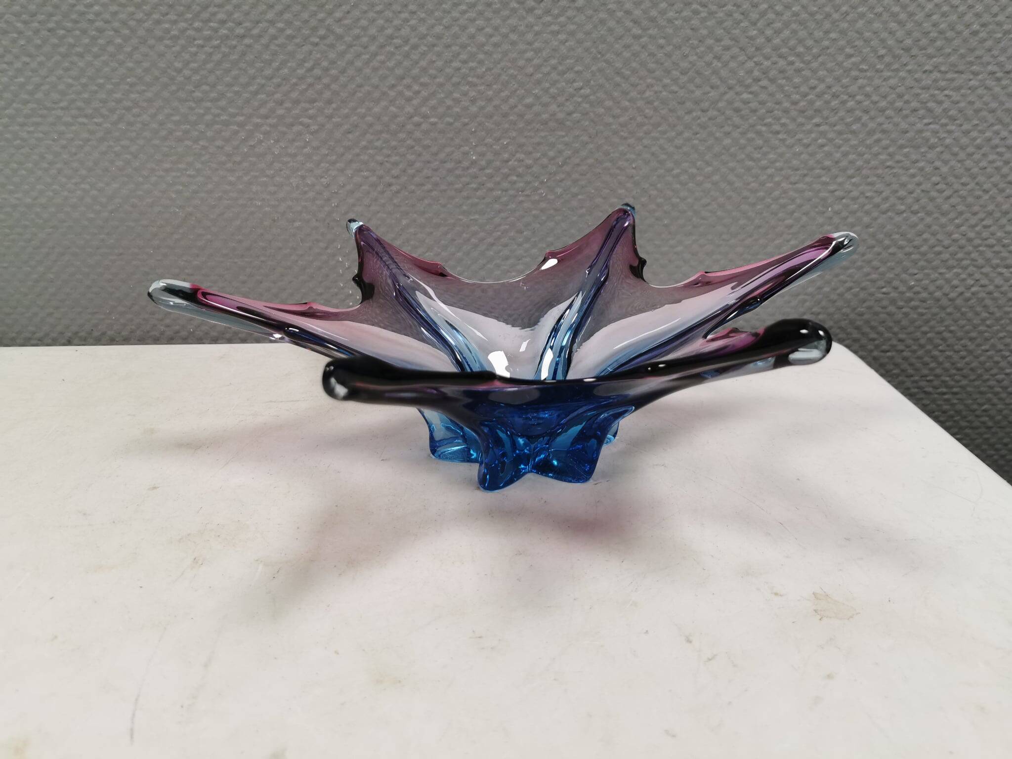 Murano Glass bowl with "leaf" shape in blue/purple/pink/transparent colors