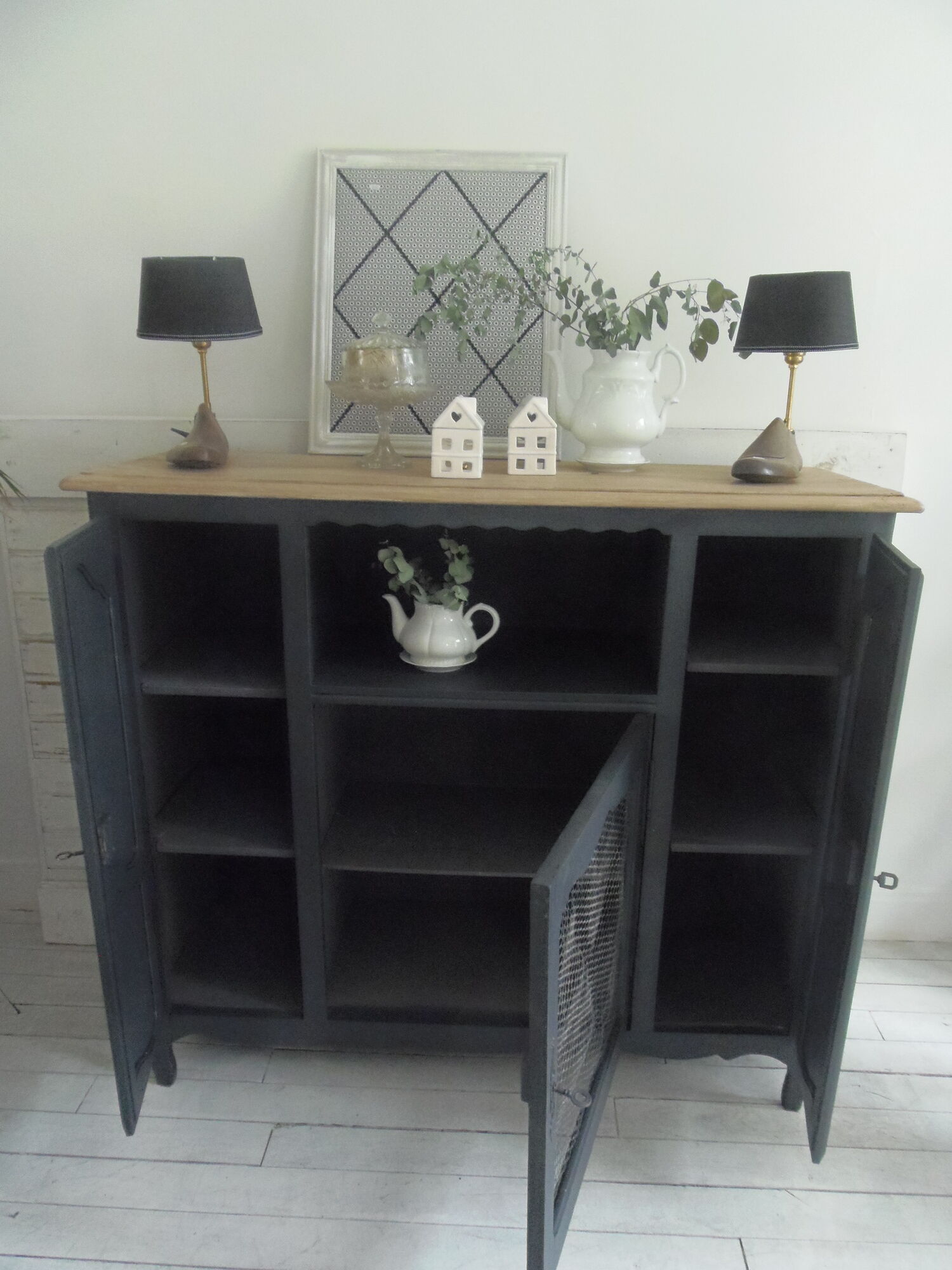 Old oak buffet style Louis XV patinated gray slate waxed wood tray