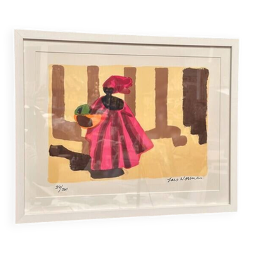 Lithographie en couleur suédoise originale – “Femme africaine” par Lars Norrman, encadrée