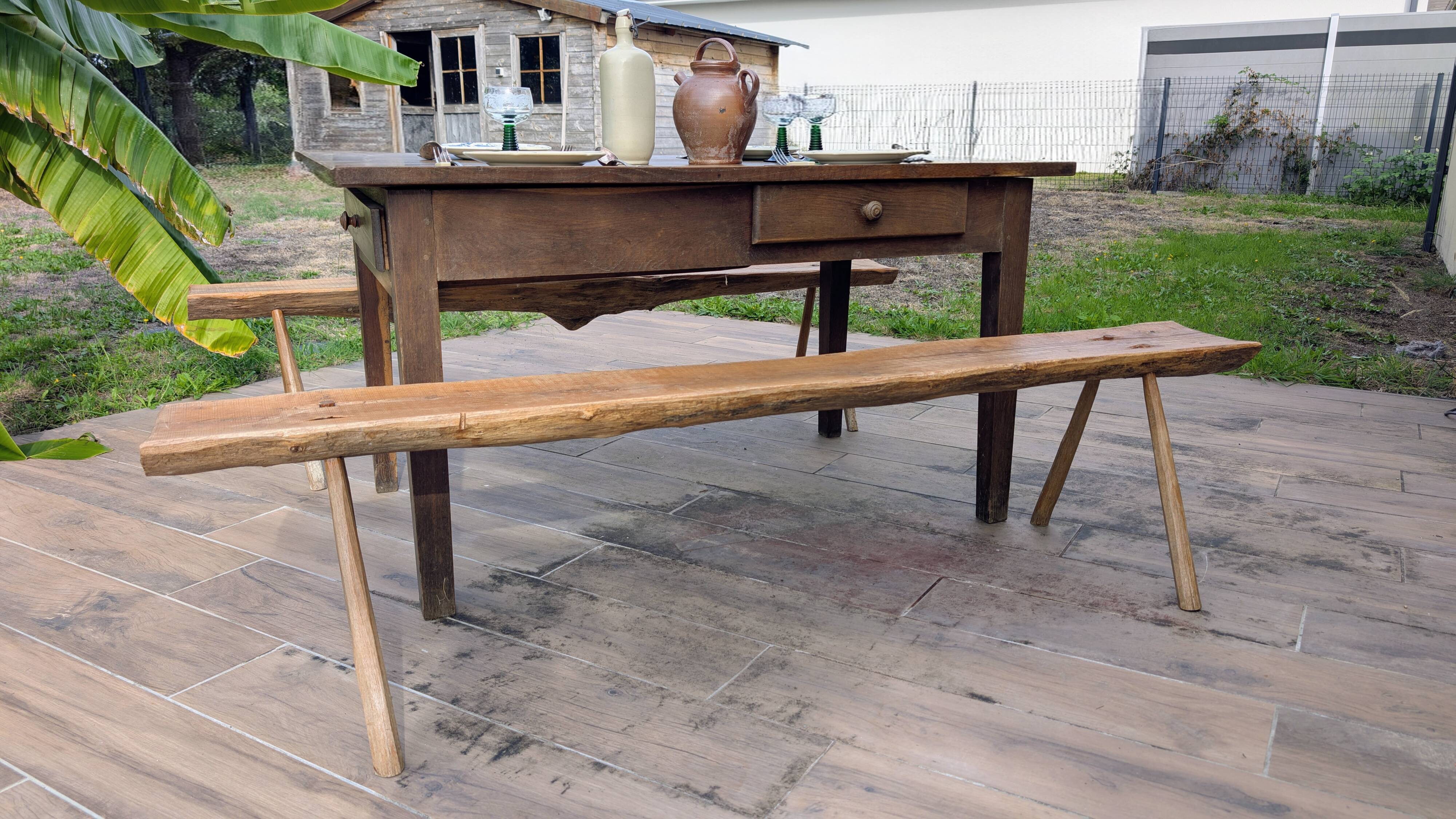 Pair of brutalist wooden benches – 70s design style