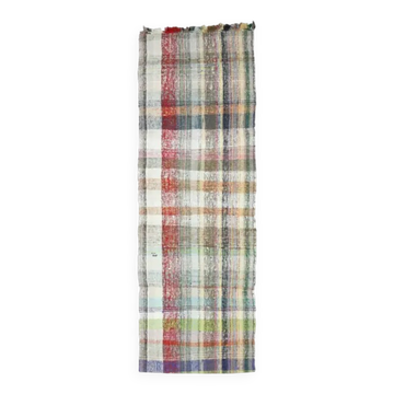 Vintage Turkish Hand-Knotted Wool Cotton White Kilim Runner Rug 104x313