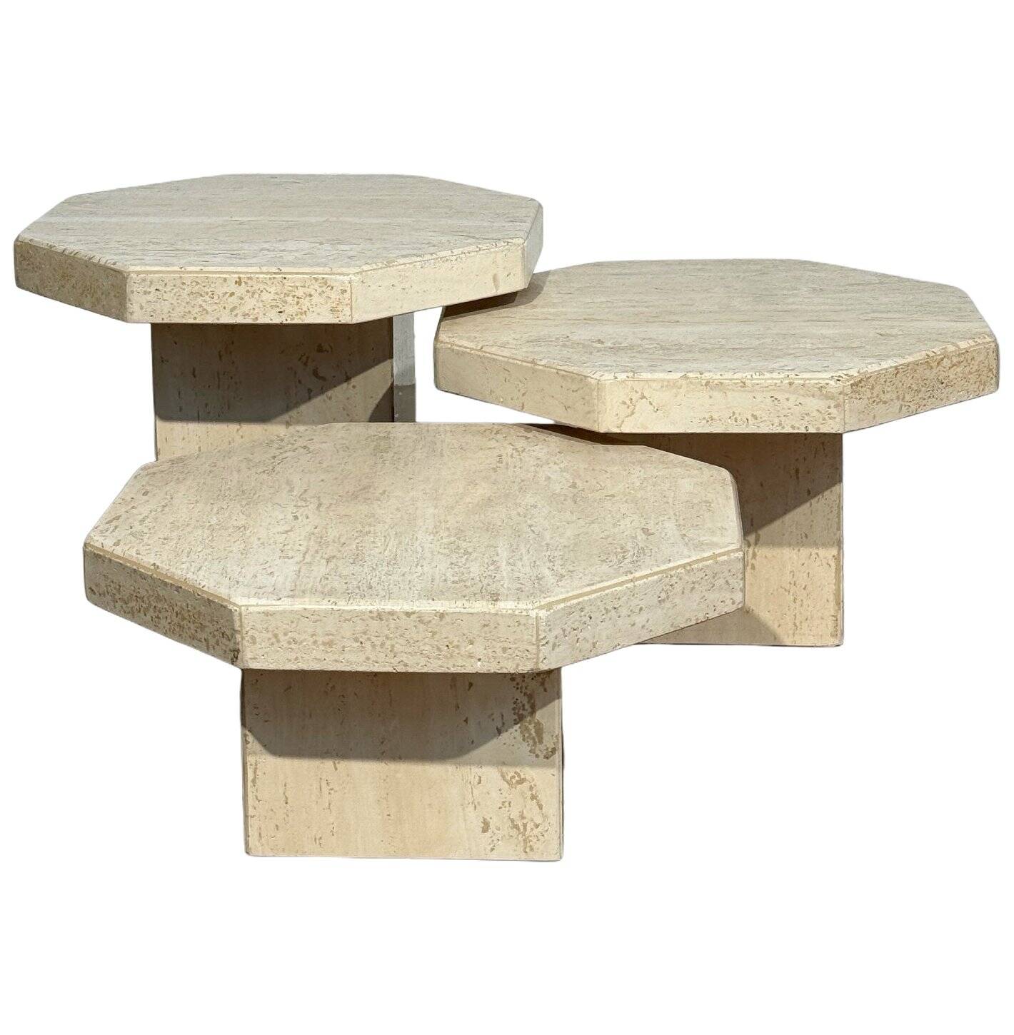 Set of 3 octagonal travertine tables 1970