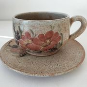 Large stoneware cup and saucer with floral decoration – 1970s