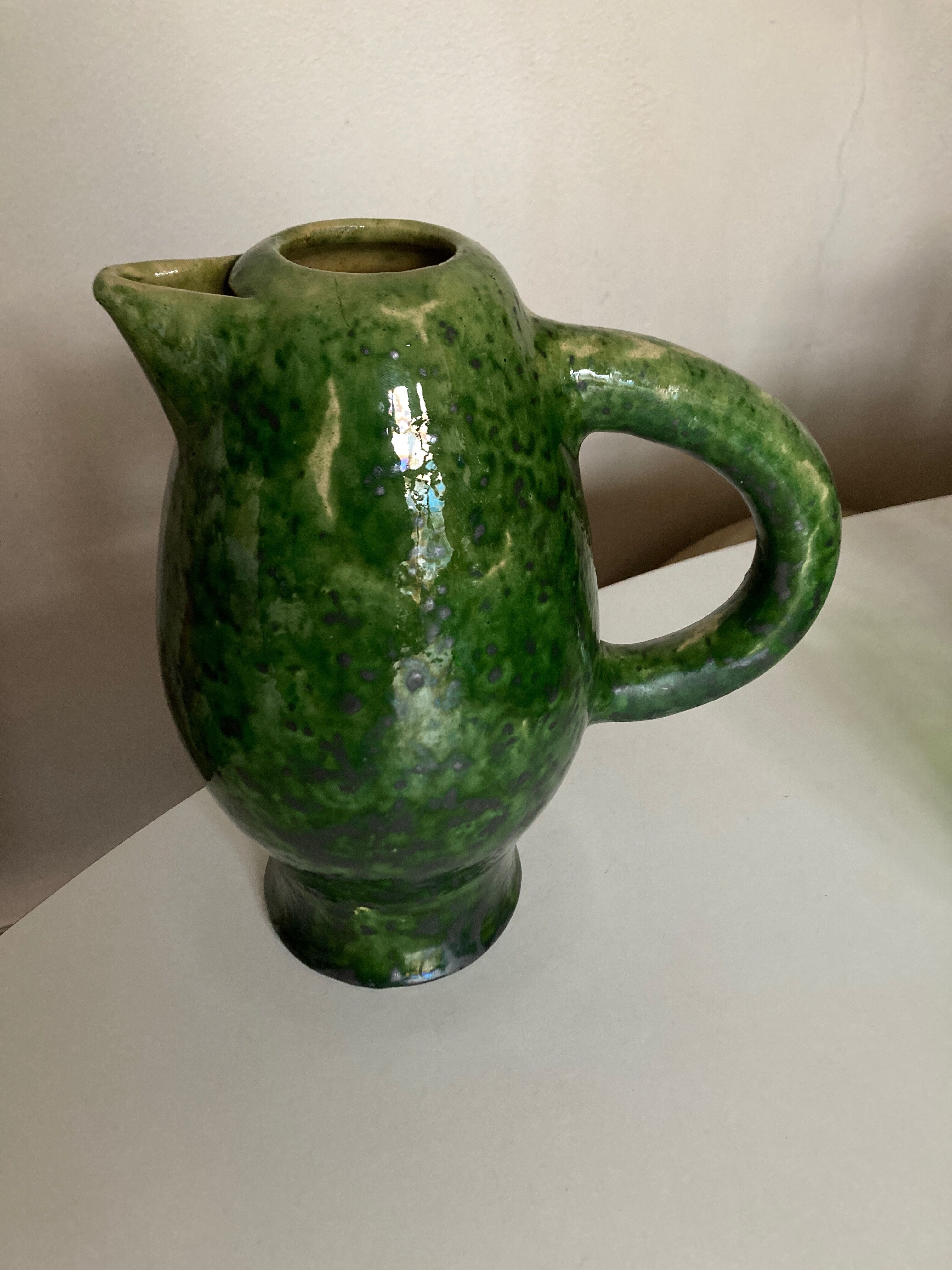 XL vase pitcher in green glazed clay Vallauris 1960
