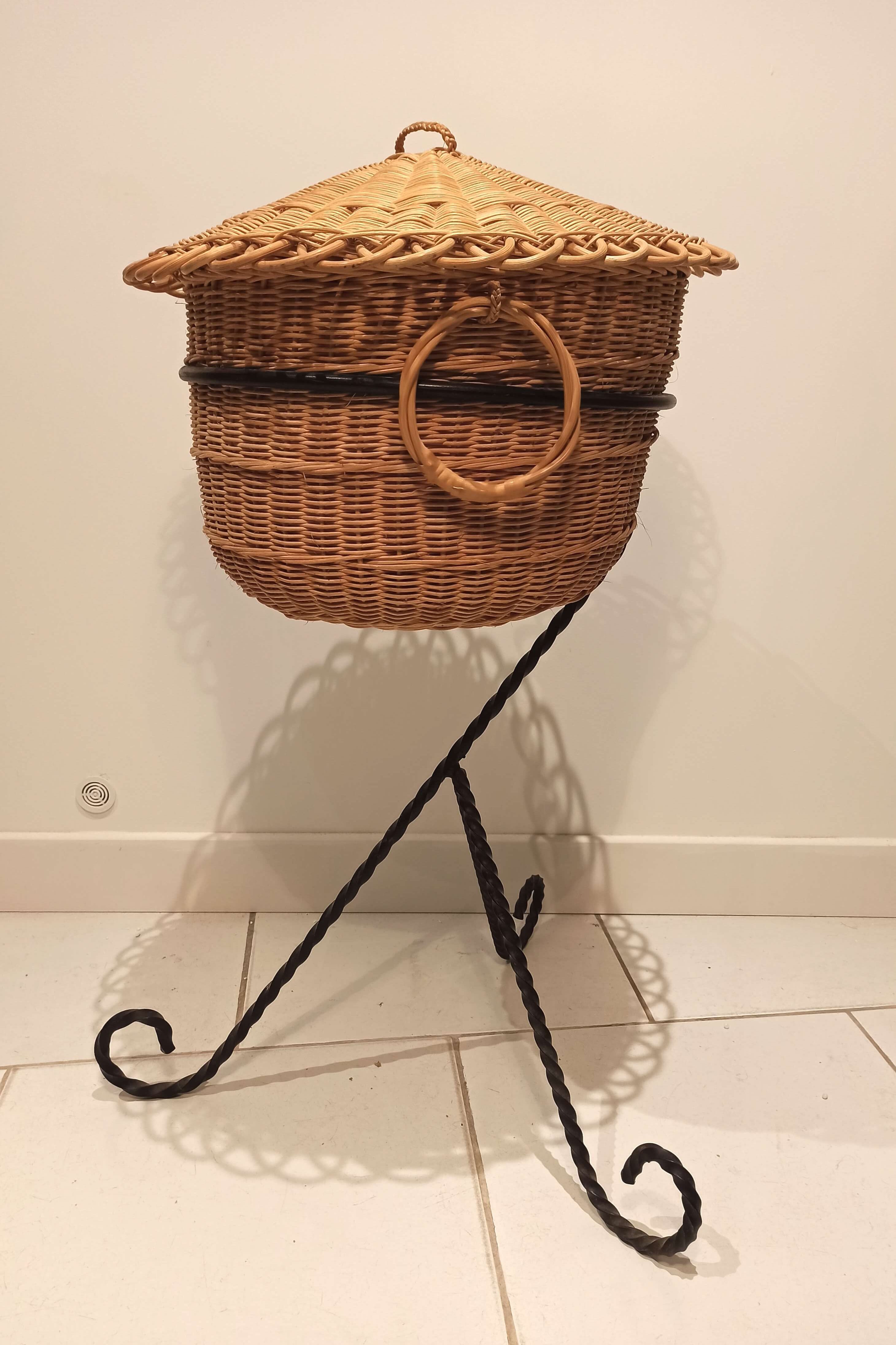 Vintage black metal tripod worker basket and wicker lid