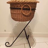 Vintage black metal tripod worker basket and wicker lid