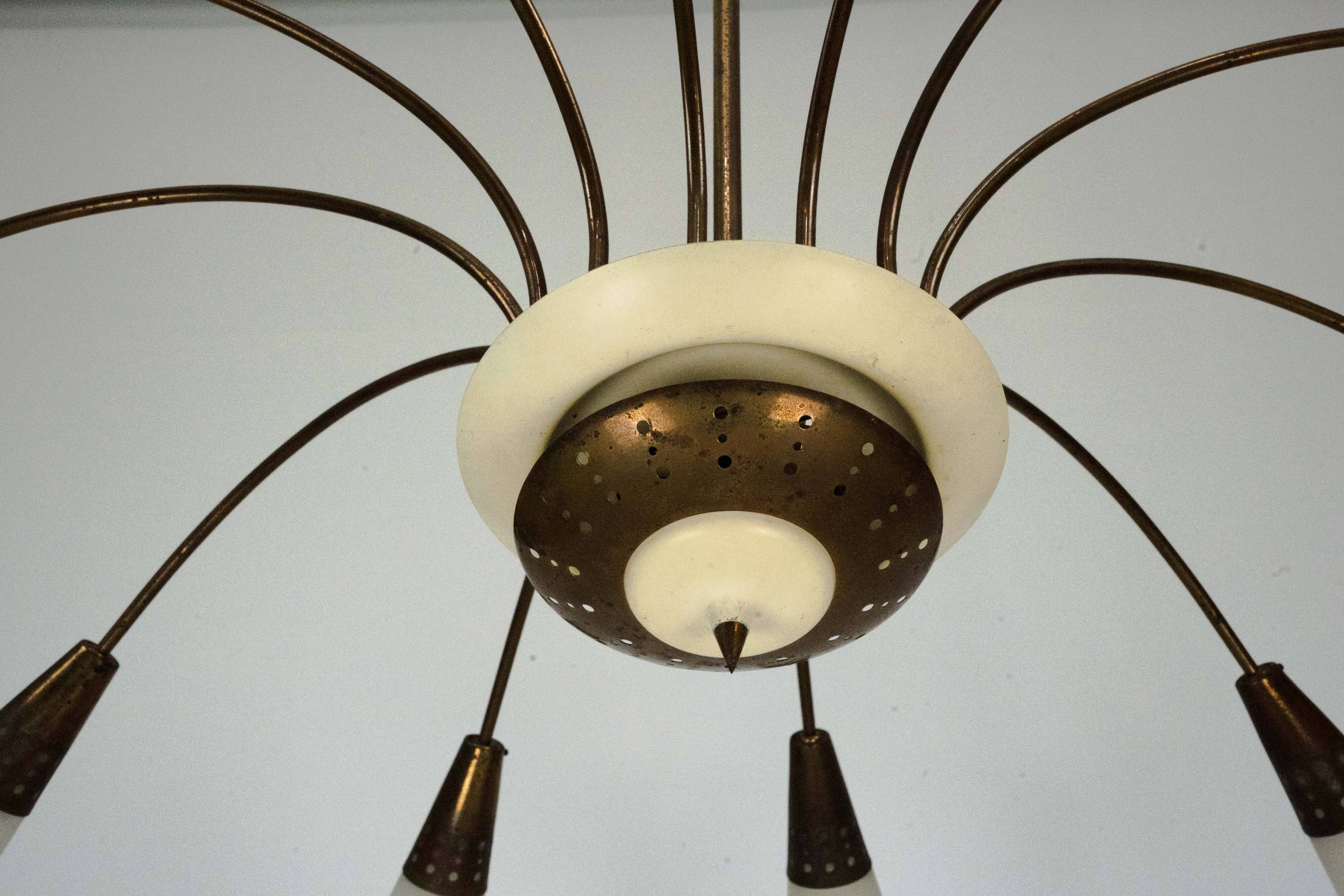 Large Italian Mid-Century Sputnik Brass Chandelier with Satin Glass, 1950s