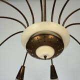 Large Italian Mid-Century Sputnik Brass Chandelier with Satin Glass, 1950s