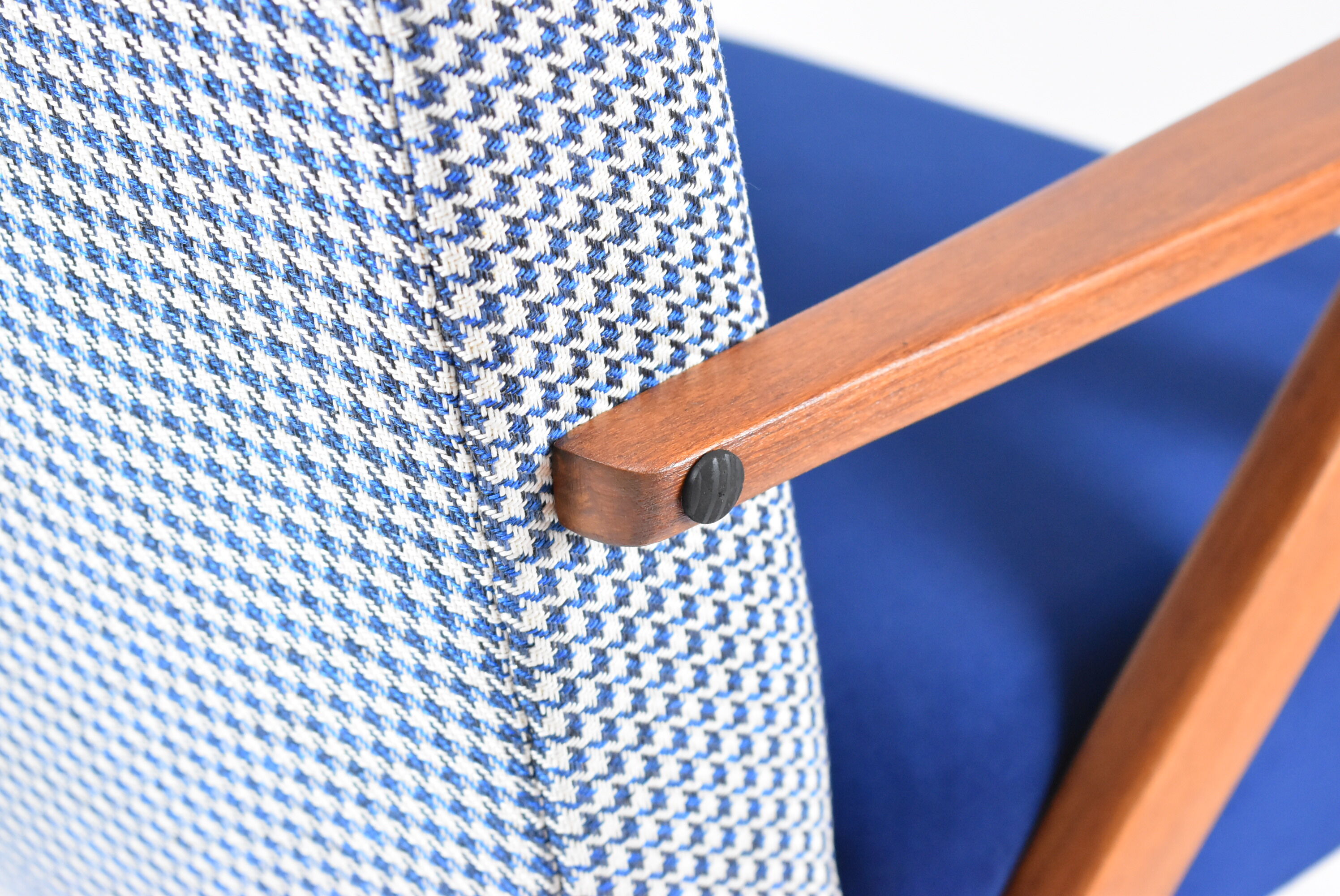 Original armchair compas, pied de poule, blue velvet, 1960s, restored