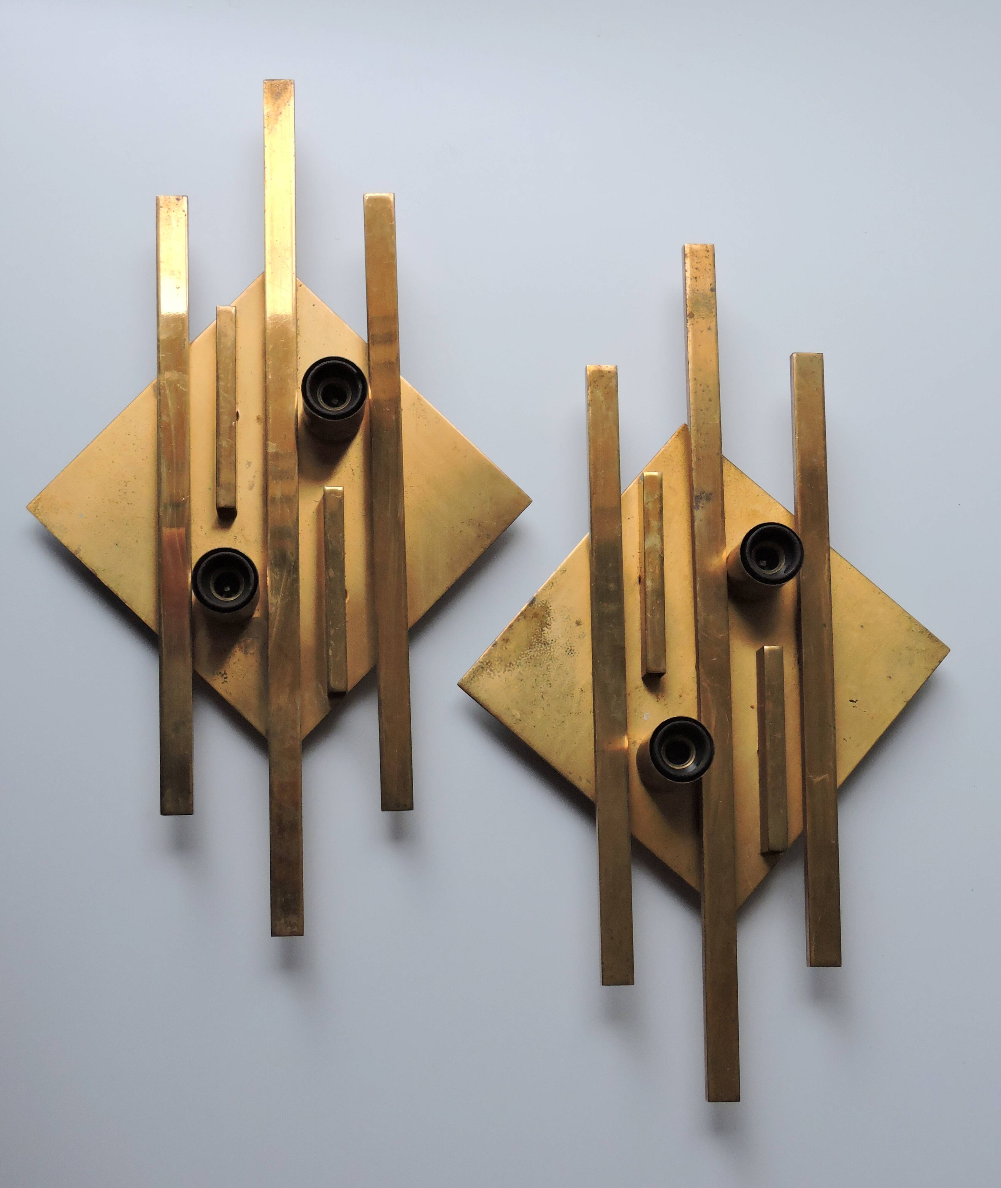 Pair of vintage geometric brass wall lamps