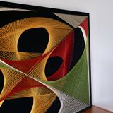 Large psychedelic design painting with multicolored stitch and thread from the 1970s