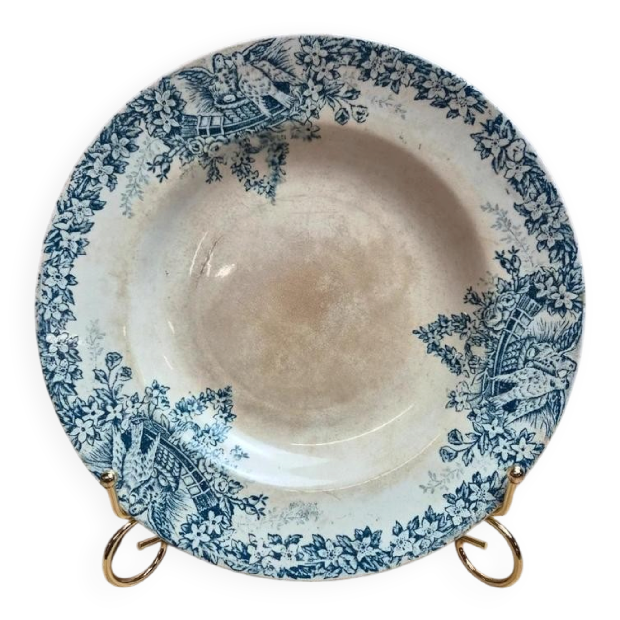 Assiette creuse ancienne Lebacqz & Bouchard Colombier décor oiseaux Terre de Fer