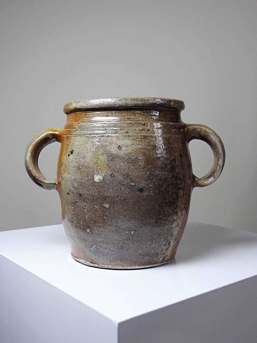 Ancient stoneware pot from Puisaye with two handles, late 19th to early 20th century.