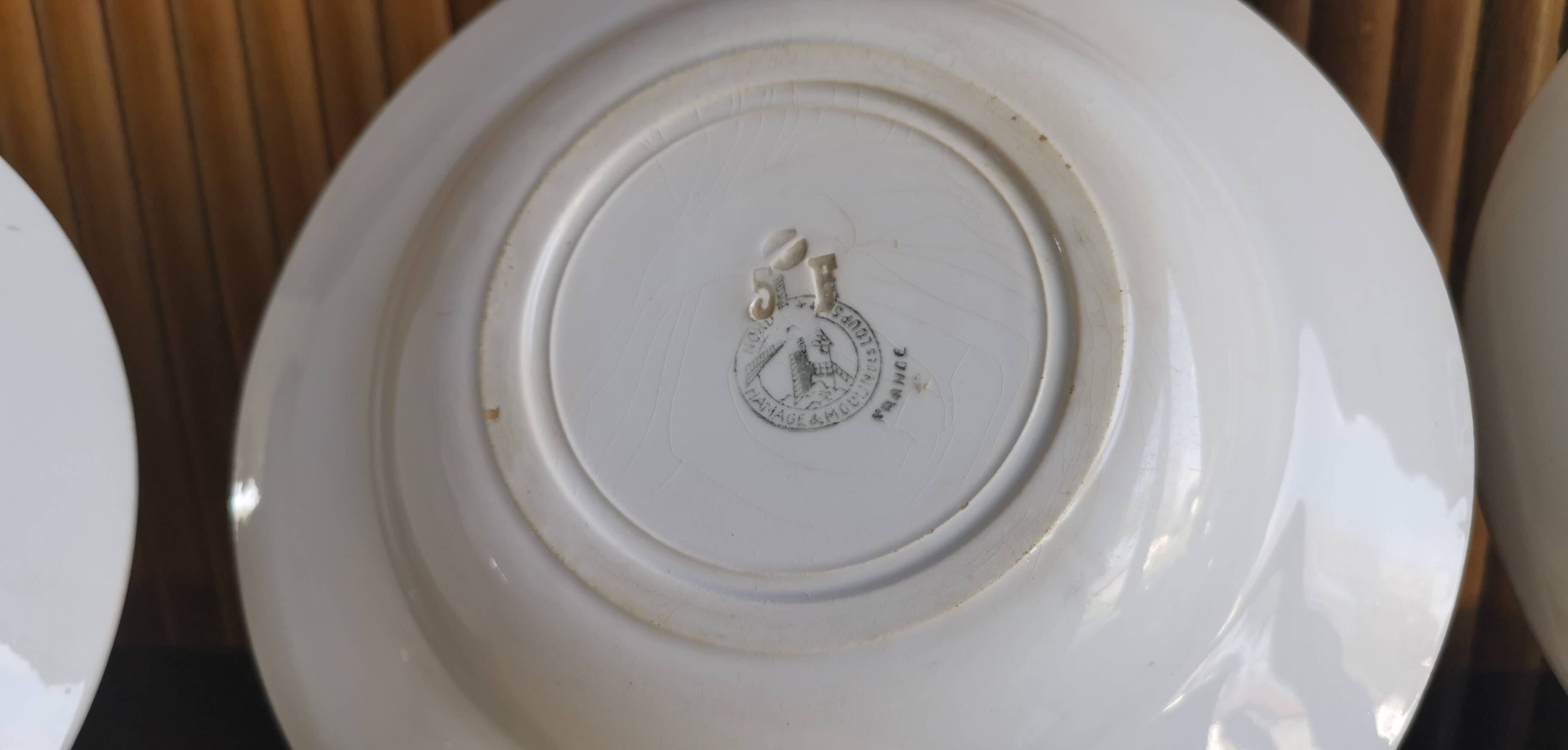 6 old plates mismatched geometric patterns Moulin des Loups, St Amand