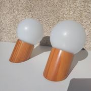 Pair of vintage wall lights in varnished pine and opal glass, 1970s-80s.
