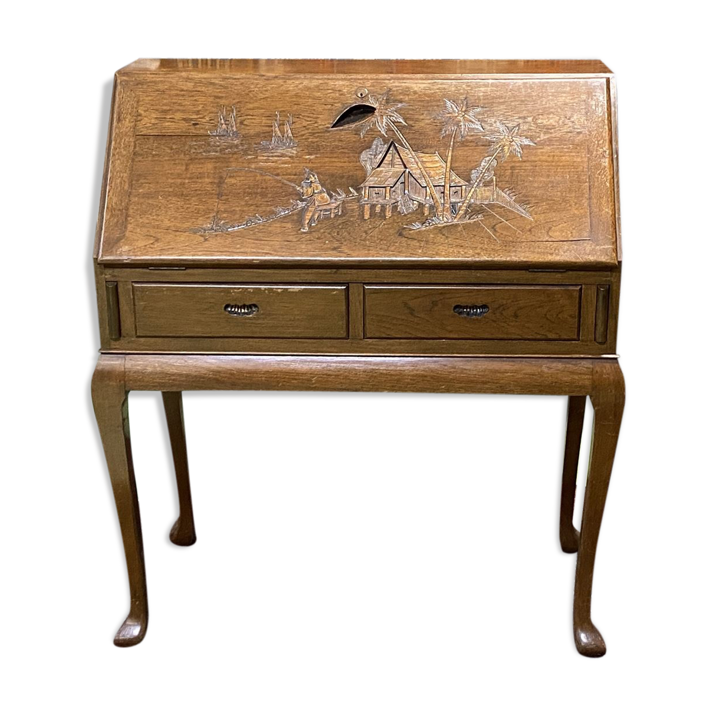 Asian-style teak secretary, 1970s manufacturing