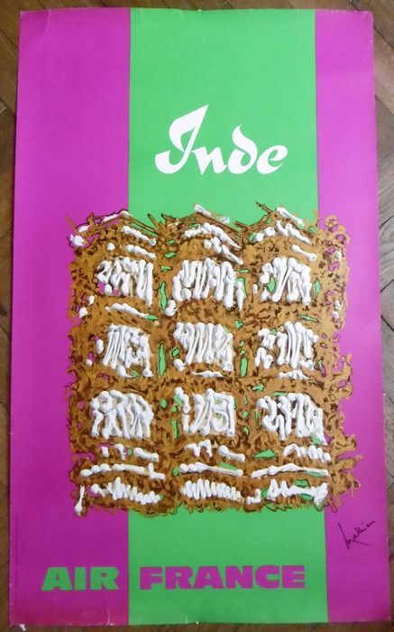 Lithographic poster Air France - India signed Georges Mathieu 1969