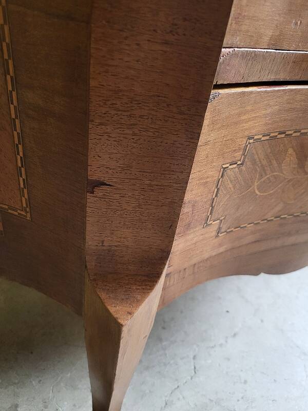 Curved chest of drawers in rosewood and marble marquetry