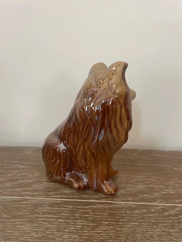 Vintage brown handmade ceramic Collie dog figurine decoration.