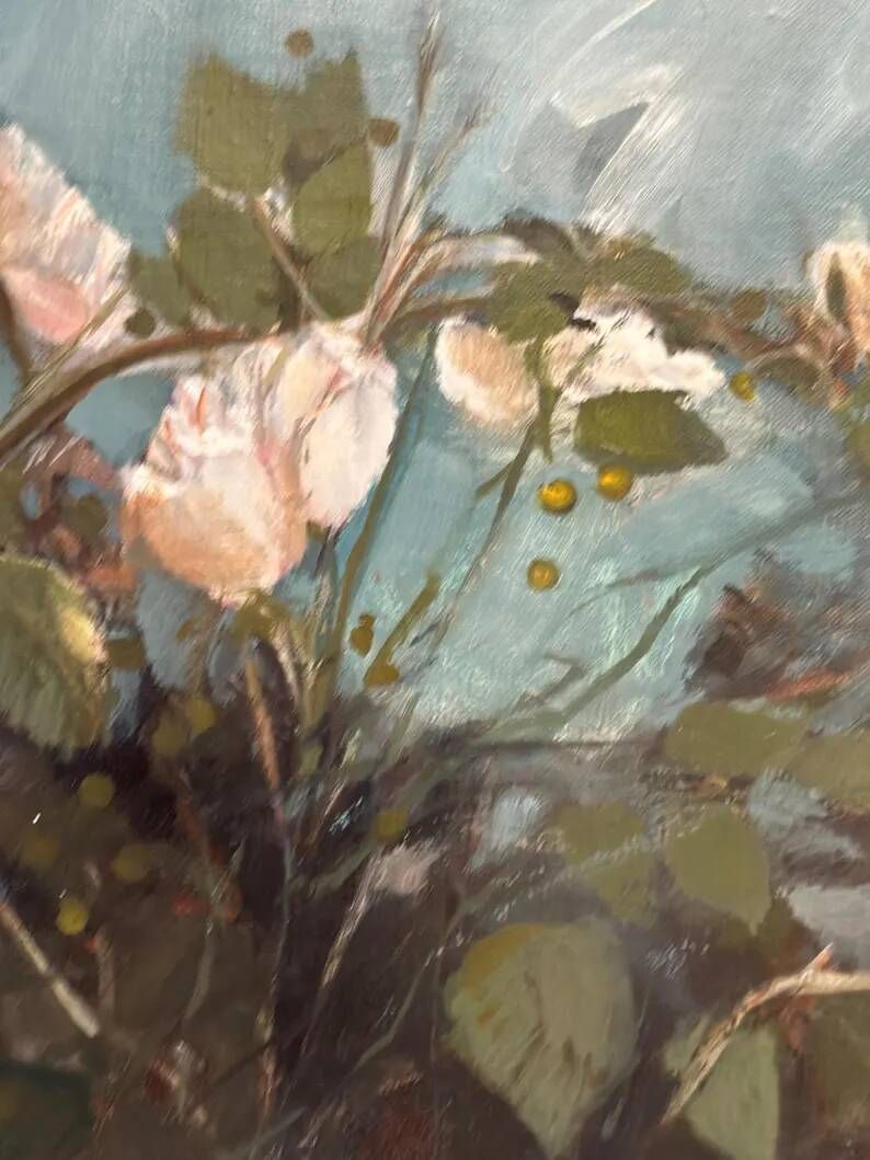 Original Swedish Oil on Canvas – “White Flowers” by M. Jakobsson – Signed – Vintage & Framed – 46 × 44 cm (18.1" × 17.3")