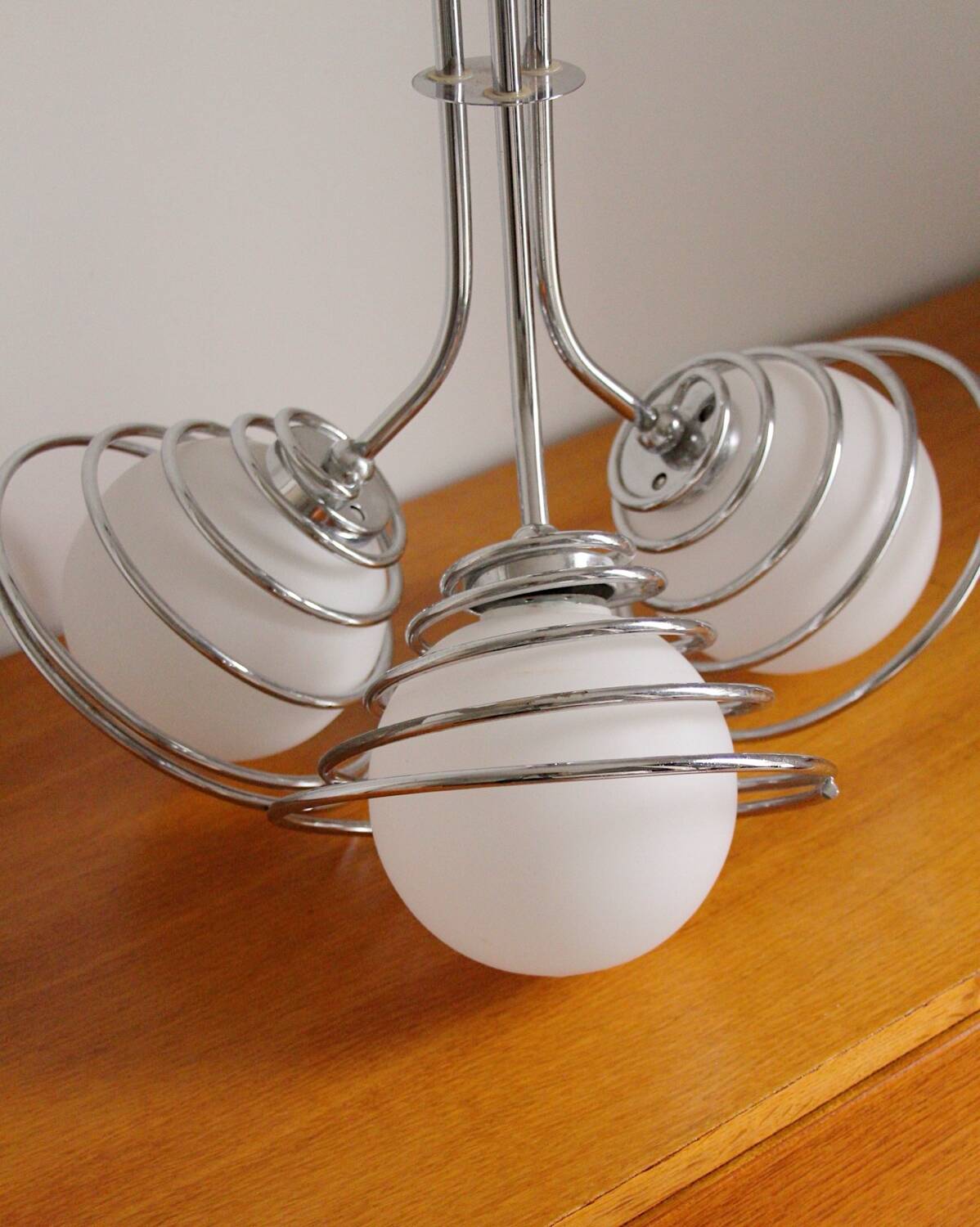Suspension with 3 opaline and chrome globes, France, 1970.