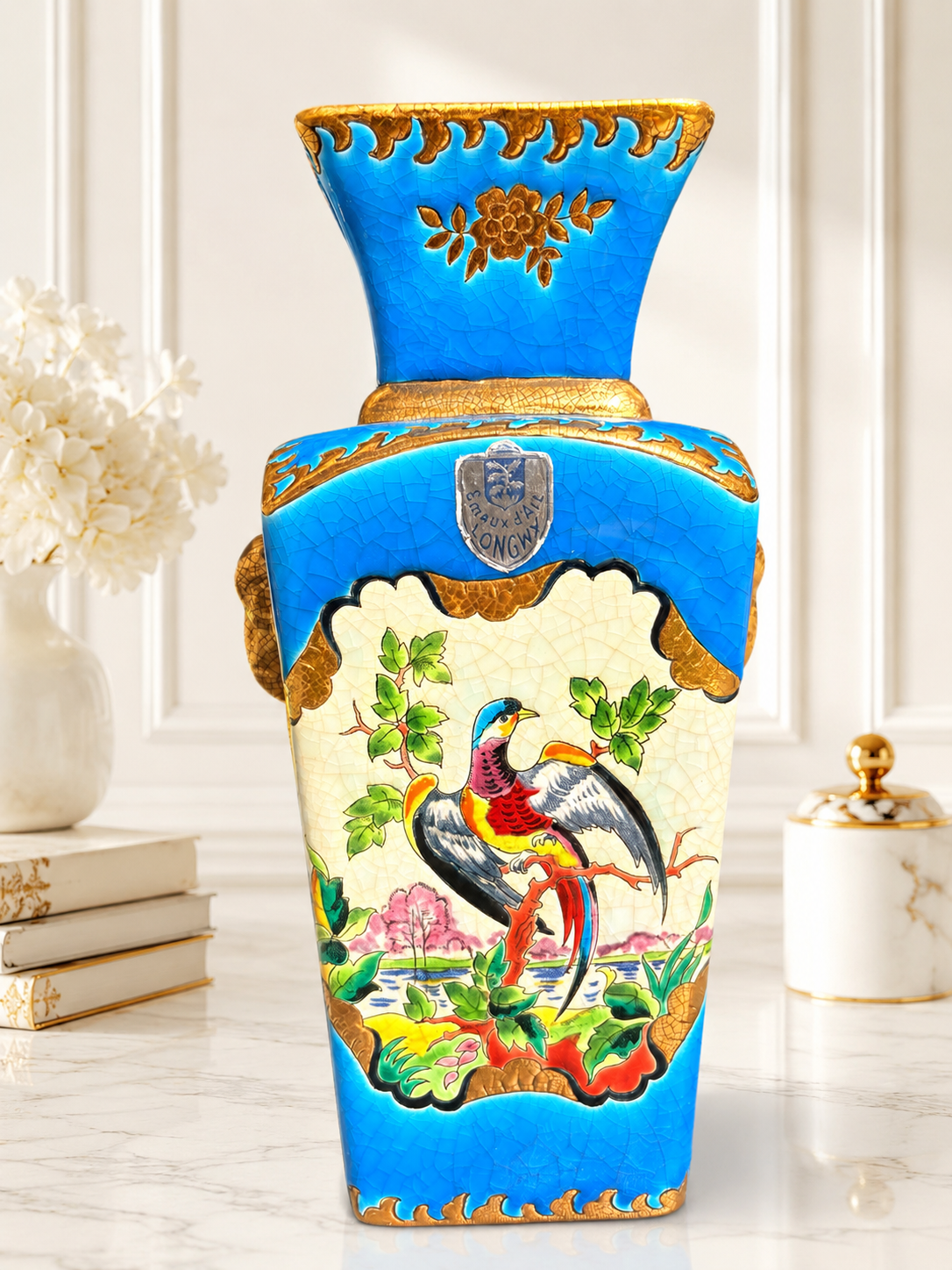 Longwy enamel vase - Art Deco - exotic elephant decoration