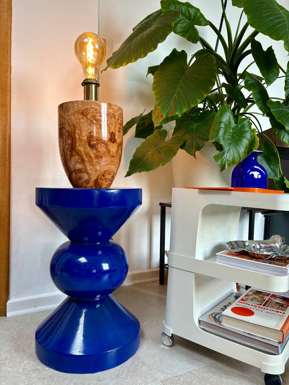 Ceramic lamp with walnut magnifying effect, Italian 1970s inspiration.