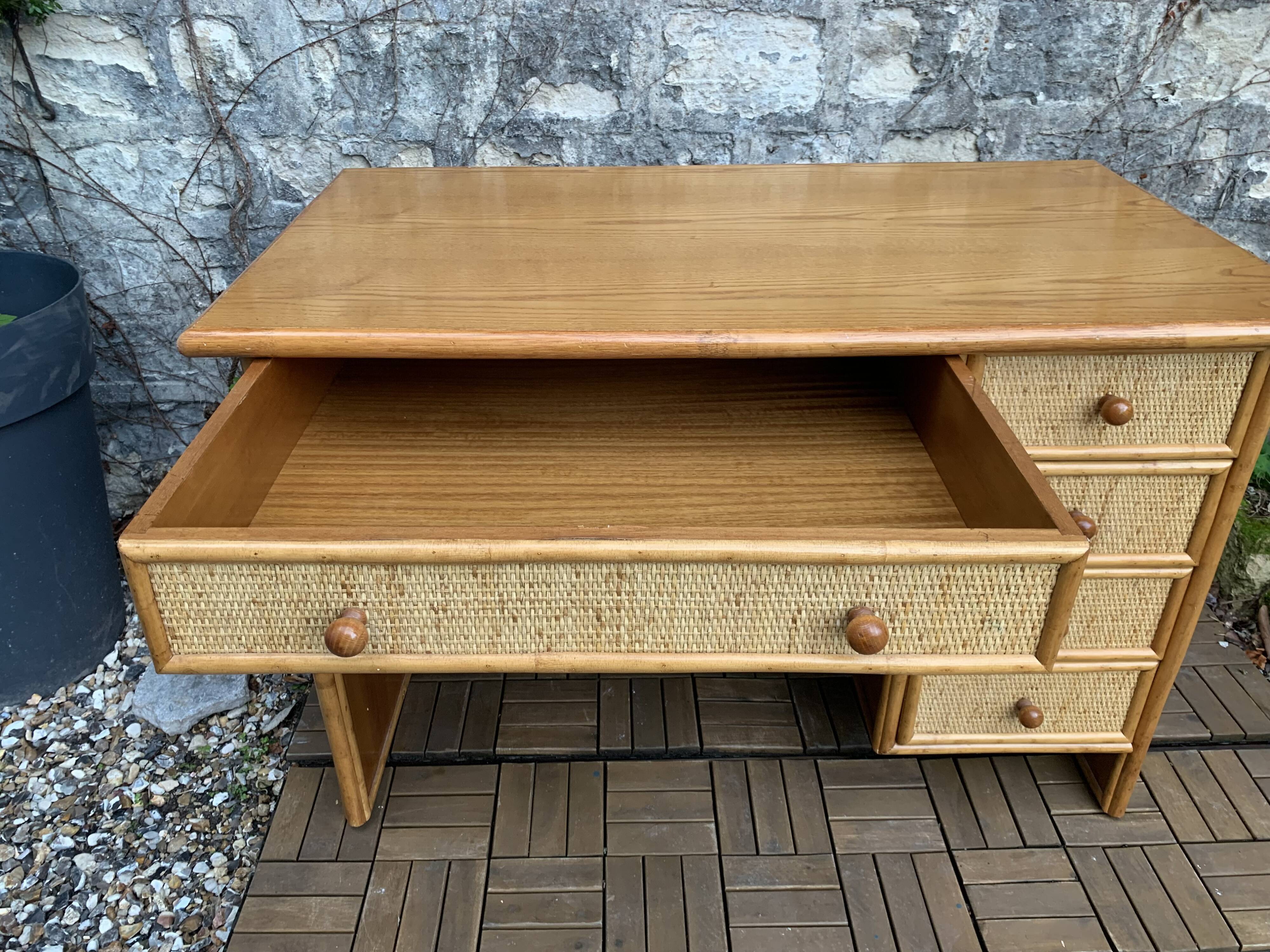 Vintage rattan and woven wicker desk 1970