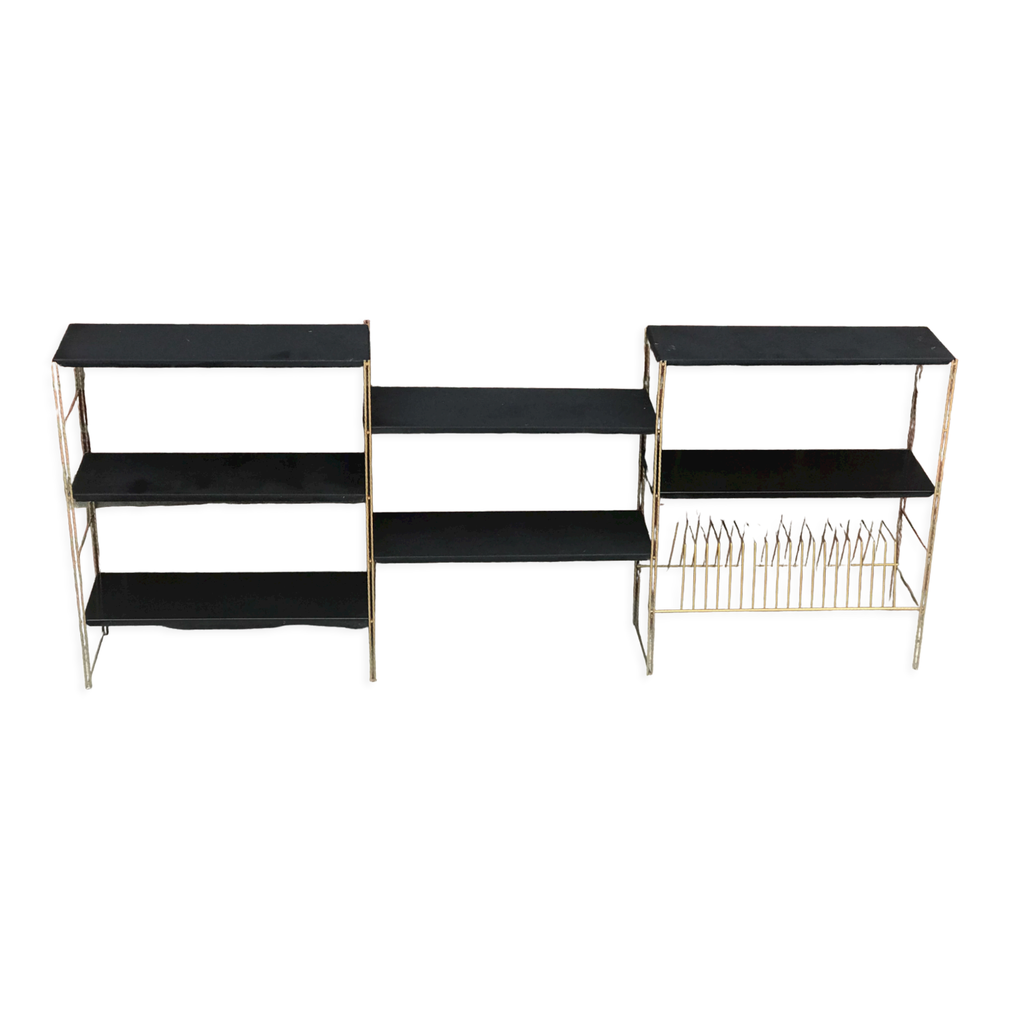 Étagère string  en métal noir et doré avec porte-vinyles - vintage 1960