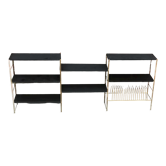 Black and gold metal string shelf with vinyl holder - vintage 1960