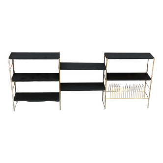 Black and gold metal string shelf with vinyl holder - vintage 1960