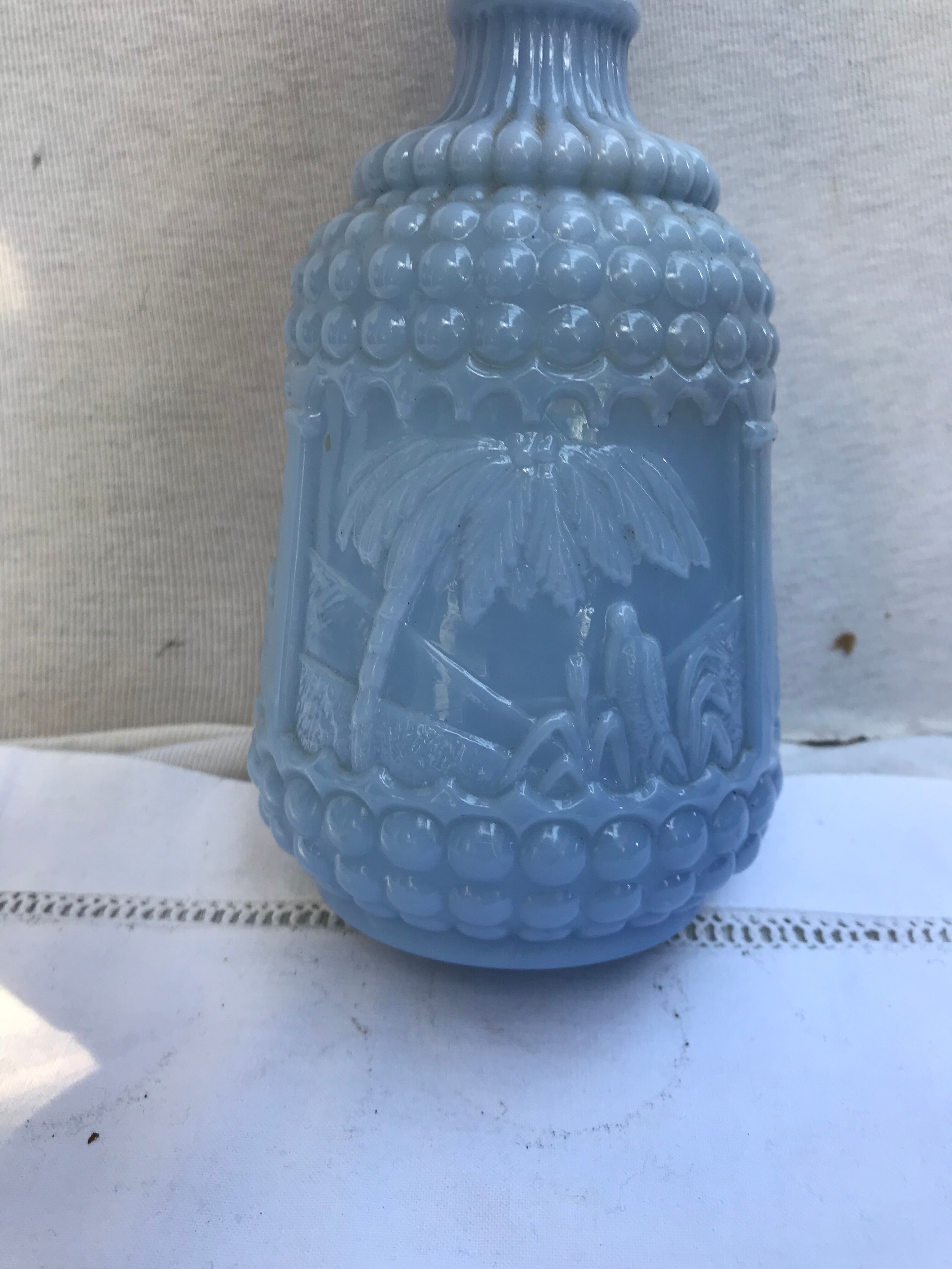 Former Carafe Liqueur Opaline Blue Decor Moulded - Vintage Cave Bouchon