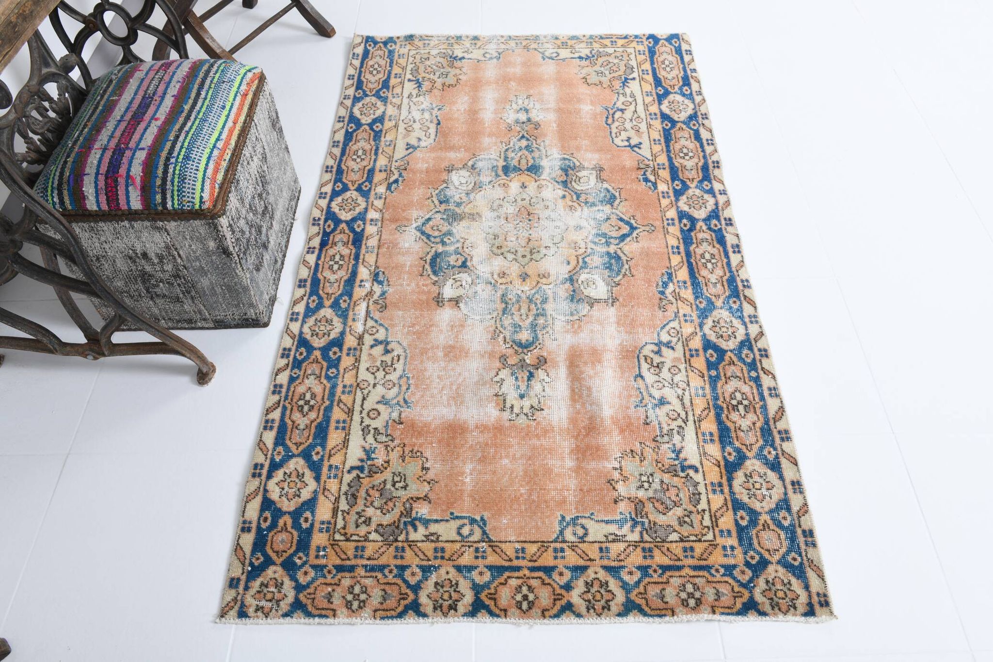 3x6 Rug For Living Room Pale Orange Blue Handmade Turkish Rug, 104x176Cm