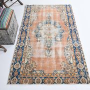 3x6 Rug For Living Room Pale Orange Blue Handmade Turkish Rug, 104x176Cm