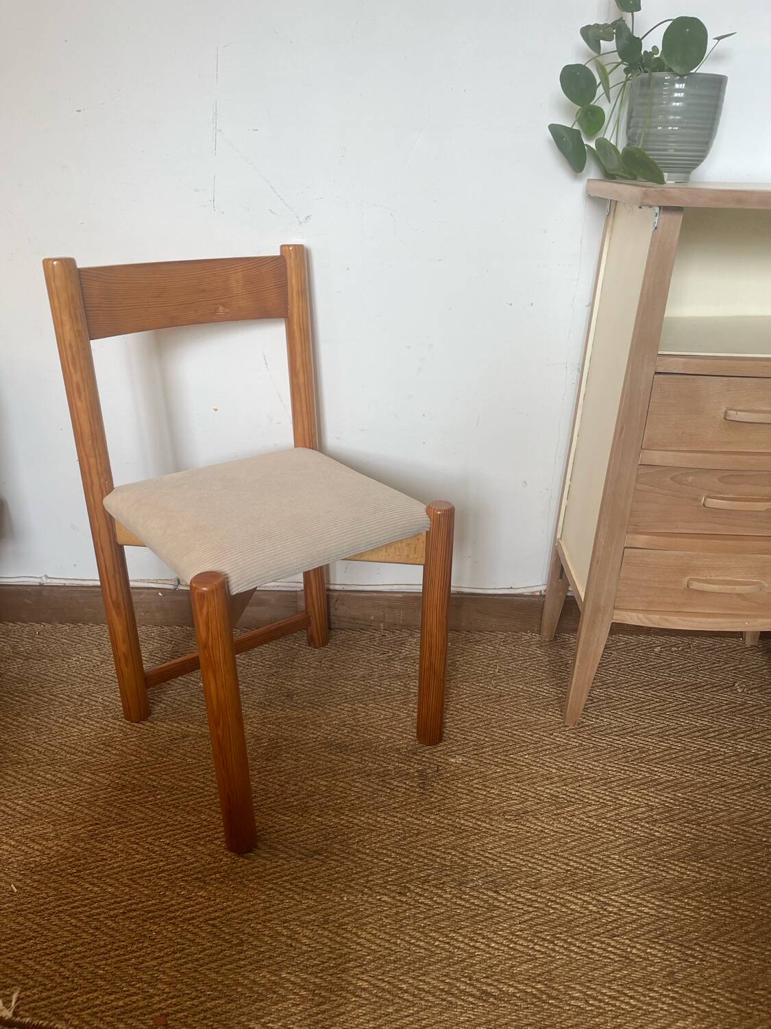 Vintage wooden chair with cream white corduroy seat