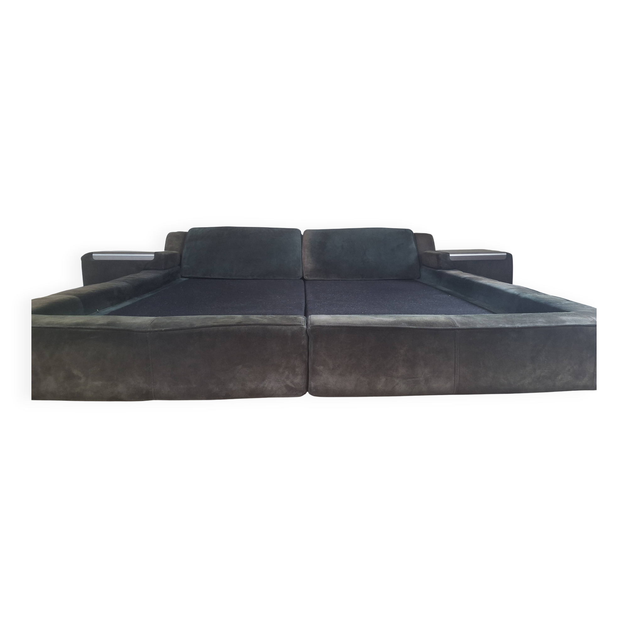 Double bed frame - Roche Bobois 1970s - complete - original green suede