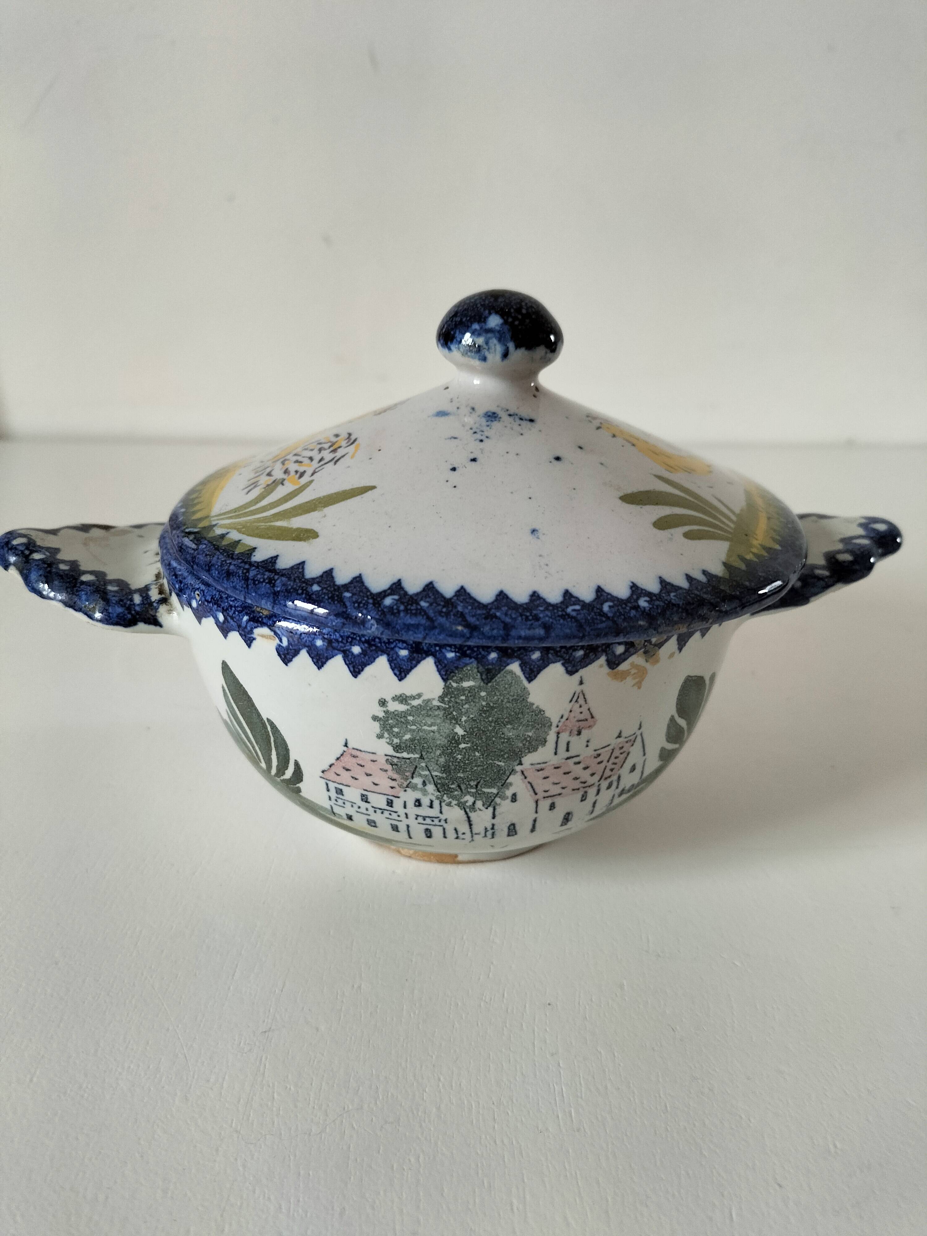 Earthenware bowl with lid from Charolles, village decoration.