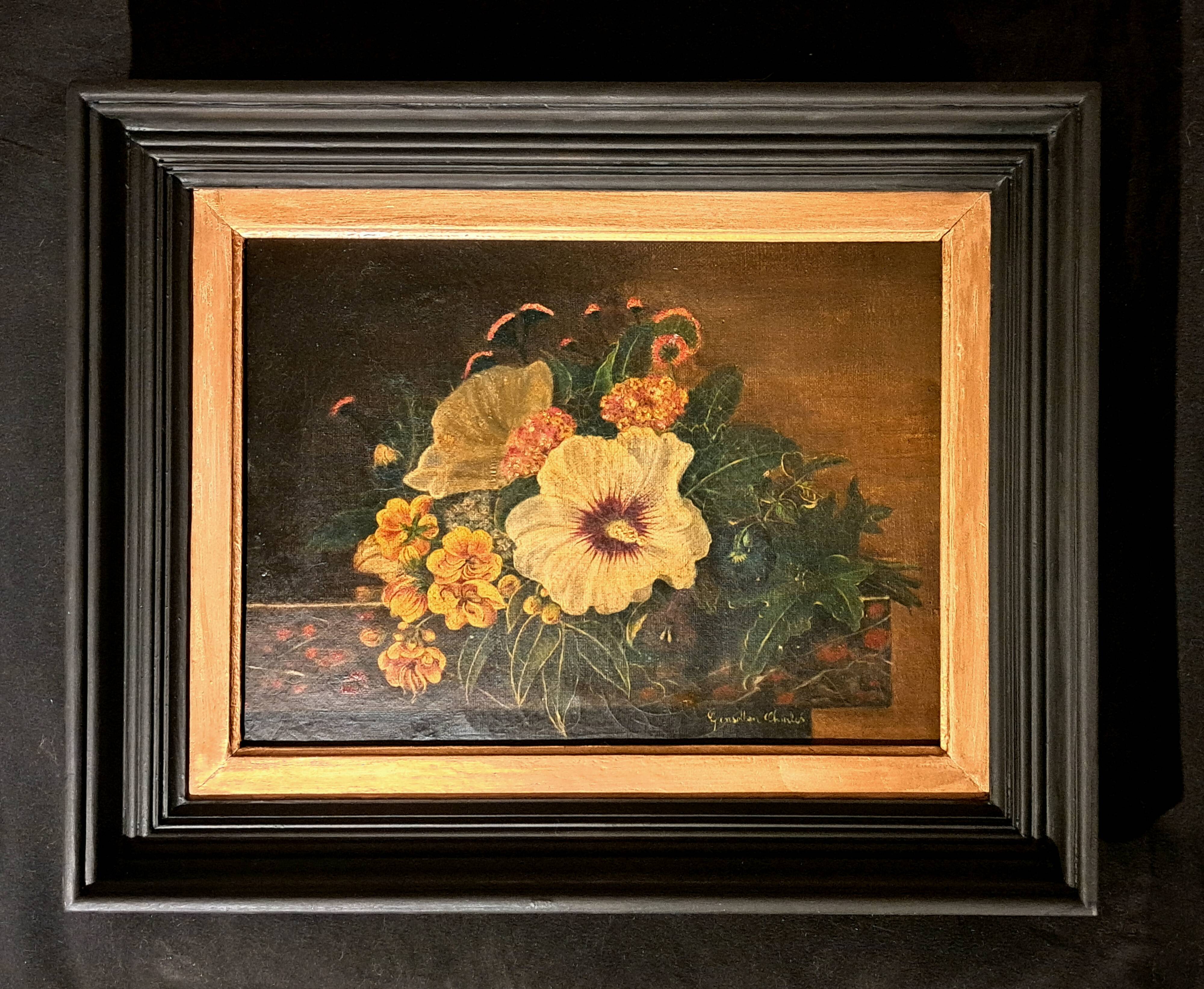 Romantic painting Oil on canvas signed still life Flemish style 19th century
