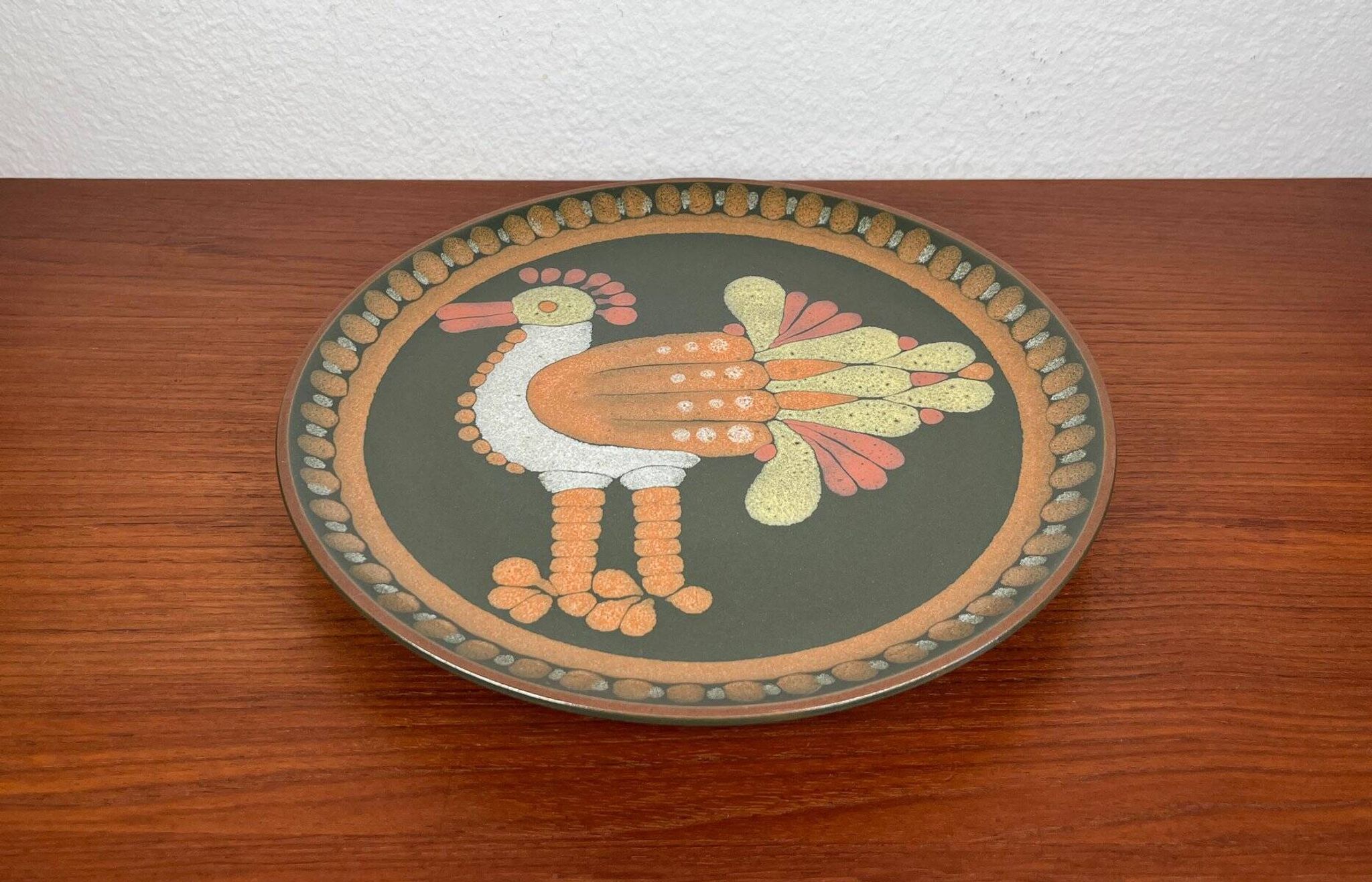 Vintage German ceramic wall plate with bird motif from Keramik Manufaktur Kupfermühle, 1970s.