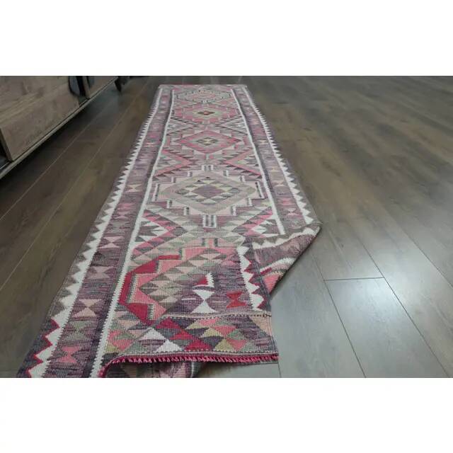 1970s Vintage Turkish Oushak Handmade Wool Cotton Pink Runner Rug 87x333