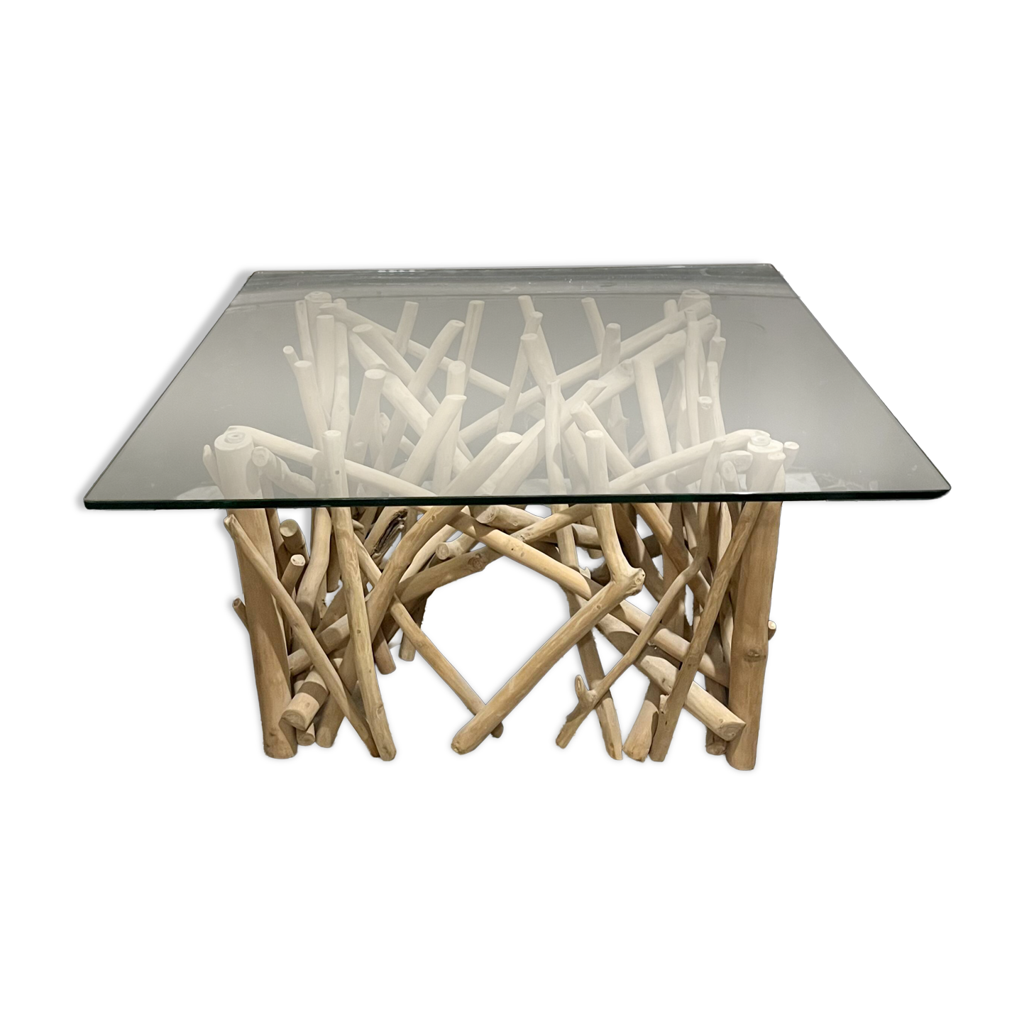 Table basse sculptural bois et verre