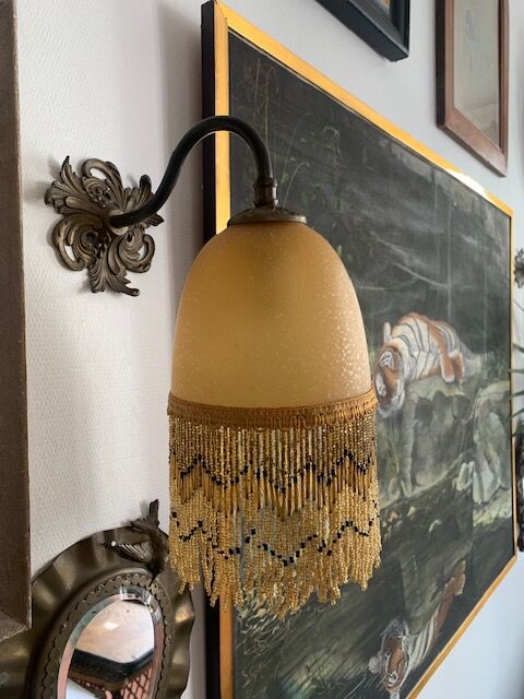 Pair of vintage wall lamps, glass paste and fringes, art deco, XXth