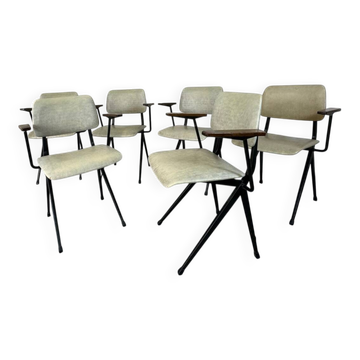 6 chaises industrielles en acier de style Mid-Century avec accoudoirs en bois de Marko